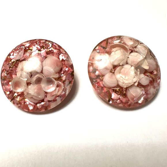 Lucite Confetti Pink Glitter Bypass Bracelet Clip Earring Set Seashells Vintage - Picture 5 of 11
